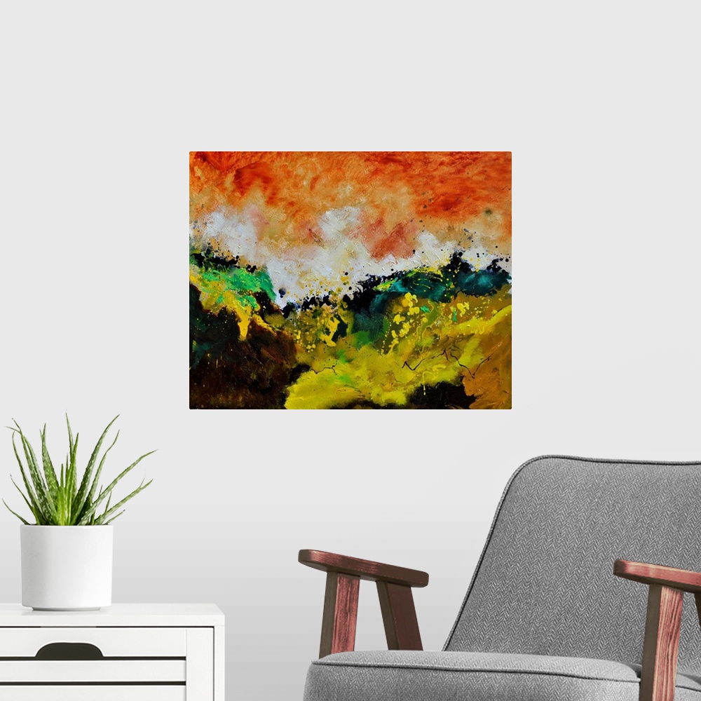 A modern room featuring Abstract painting with vibrant hues in shades of orange, yellow, green and white mixed in with bl...