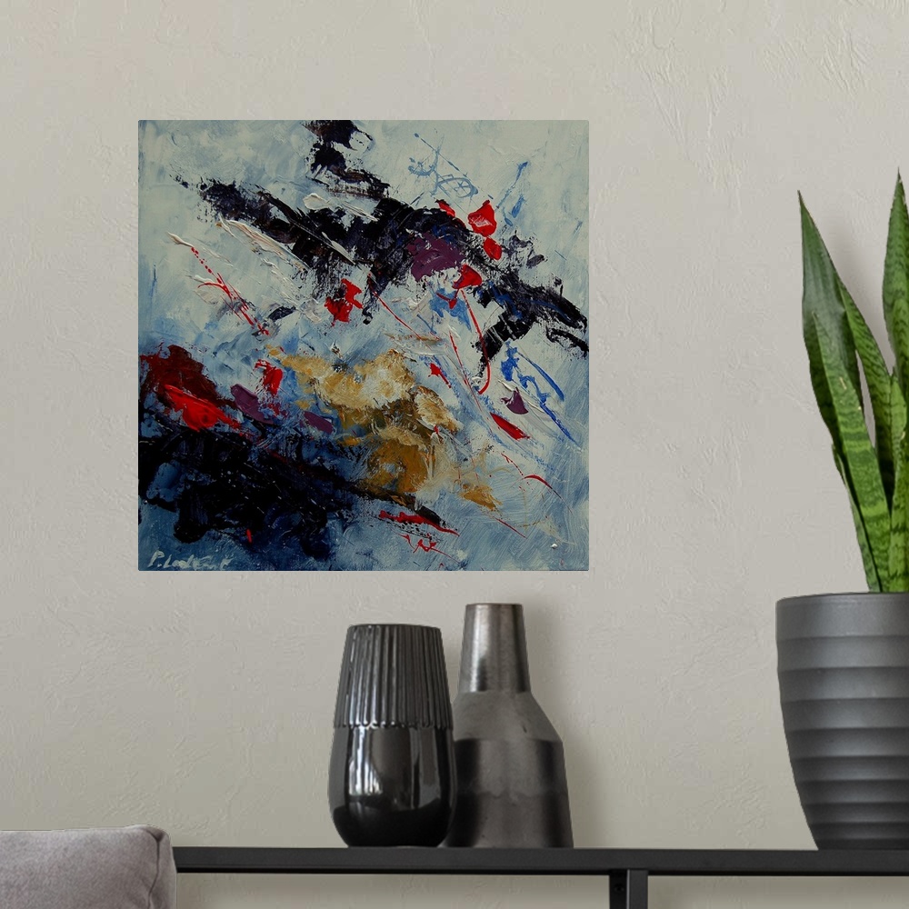 A modern room featuring A square abstract painting of colors of black, white and blue and hints of red in textured brush ...