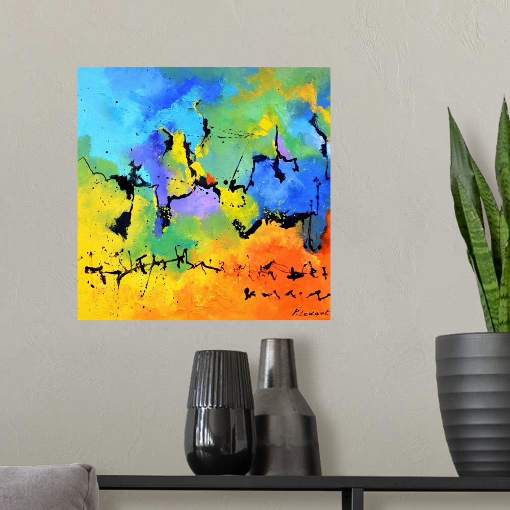 A modern room featuring A square abstract painting in vibrant shades of blue, green, orange and yellow with splatters of ...