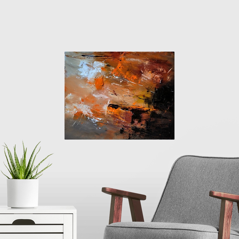 A modern room featuring Abstract painting in textured shades of orange, black and white with splatters of paint overlapping.