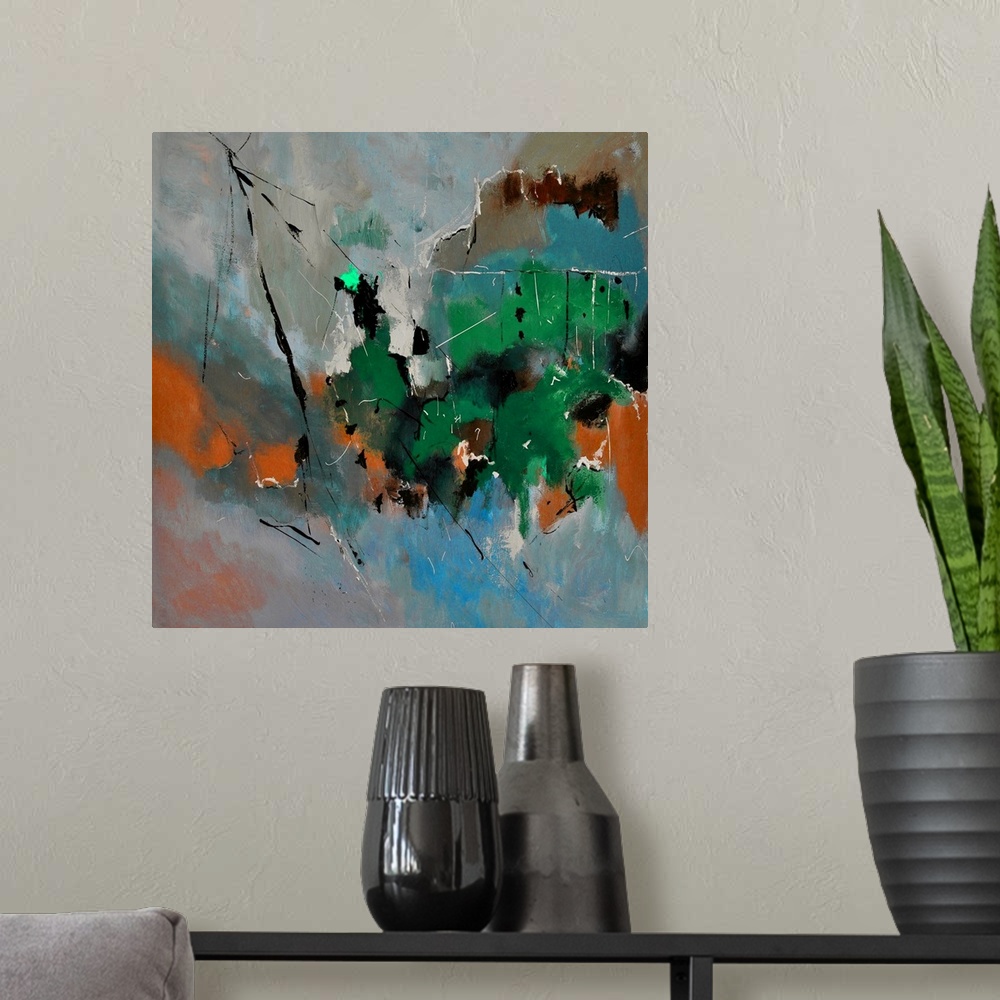 A modern room featuring A square abstract painting in dark shades of green, blue and brown with splatters of paint overla...