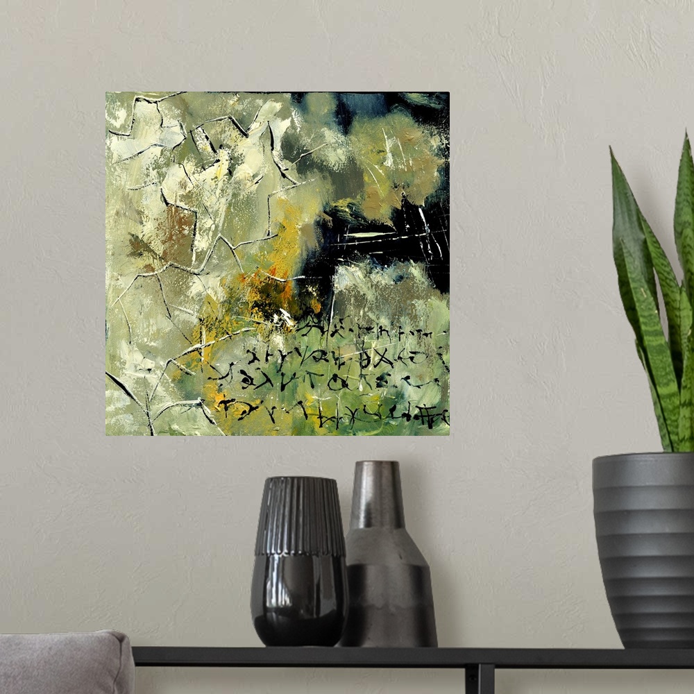 A modern room featuring A square abstract painting in textured shades of black, green and yellow with splatters of paint ...