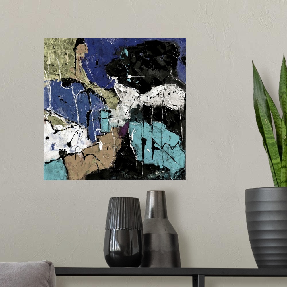 A modern room featuring A square abstract painting in textured shades of black, blue, white and brown with splatters of p...