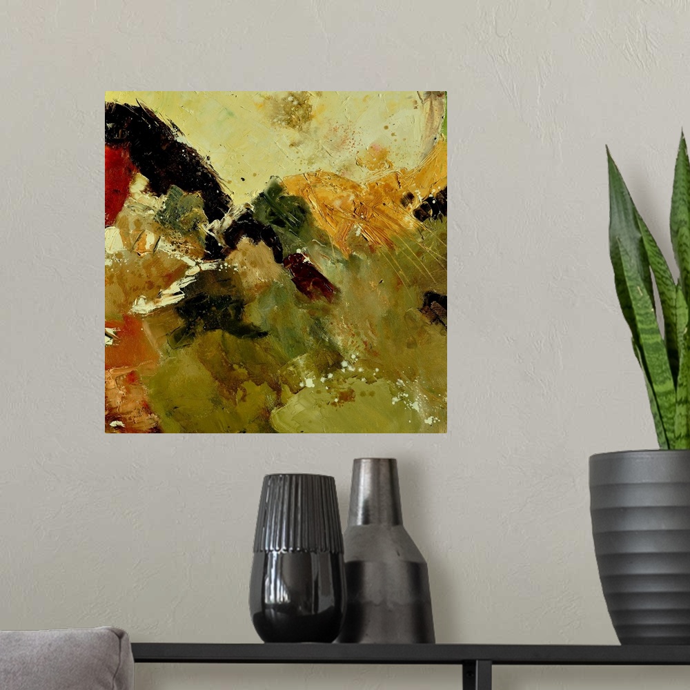 A modern room featuring Abstract painting with muted hues in shades of red, yellow, green and brown mixed in with black c...