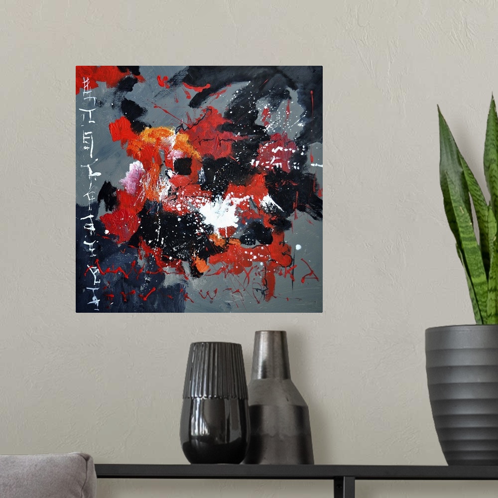A modern room featuring Abstract painting of colors of red, black and gray with hints of white in textured brush strokes ...