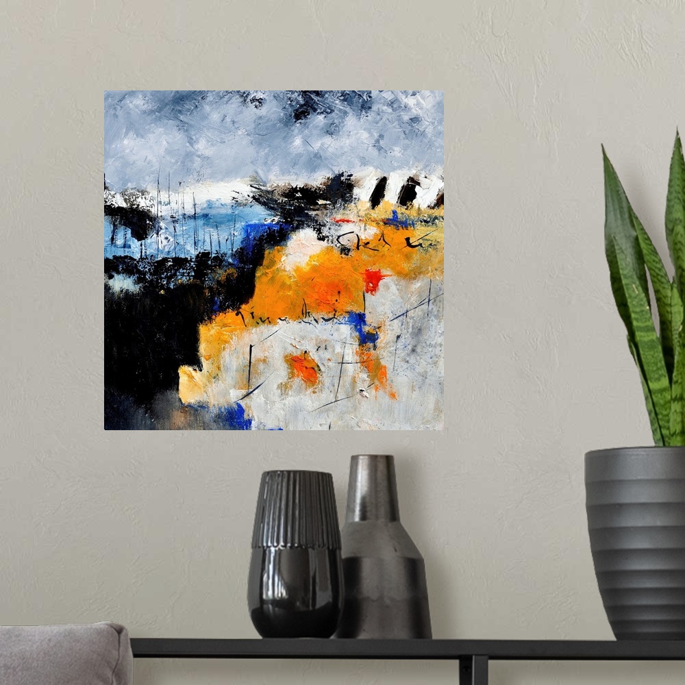 A modern room featuring A square abstract painting in shades of black, blue, white and orange with splatters of paint ove...
