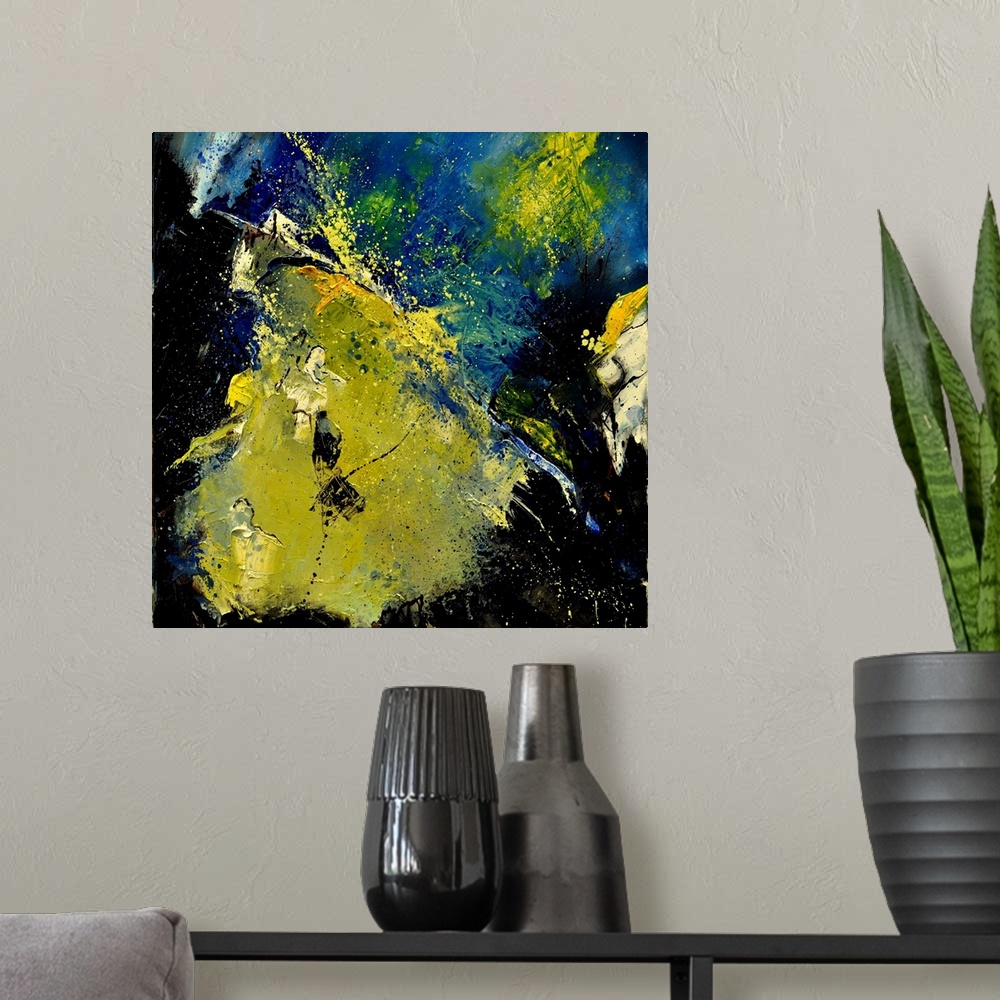 A modern room featuring A square abstract painting in textured shades of black, blue and yellow with splatters of paint o...