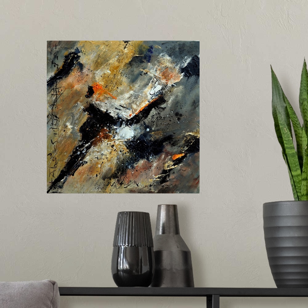 A modern room featuring A square abstract painting in dark shades of black, orange, white and brown with splatters of pai...