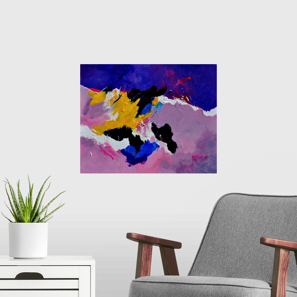 A modern room featuring Abstract painting in shades of yellow, blue, pink, purple, and white mixed in with black contrast...