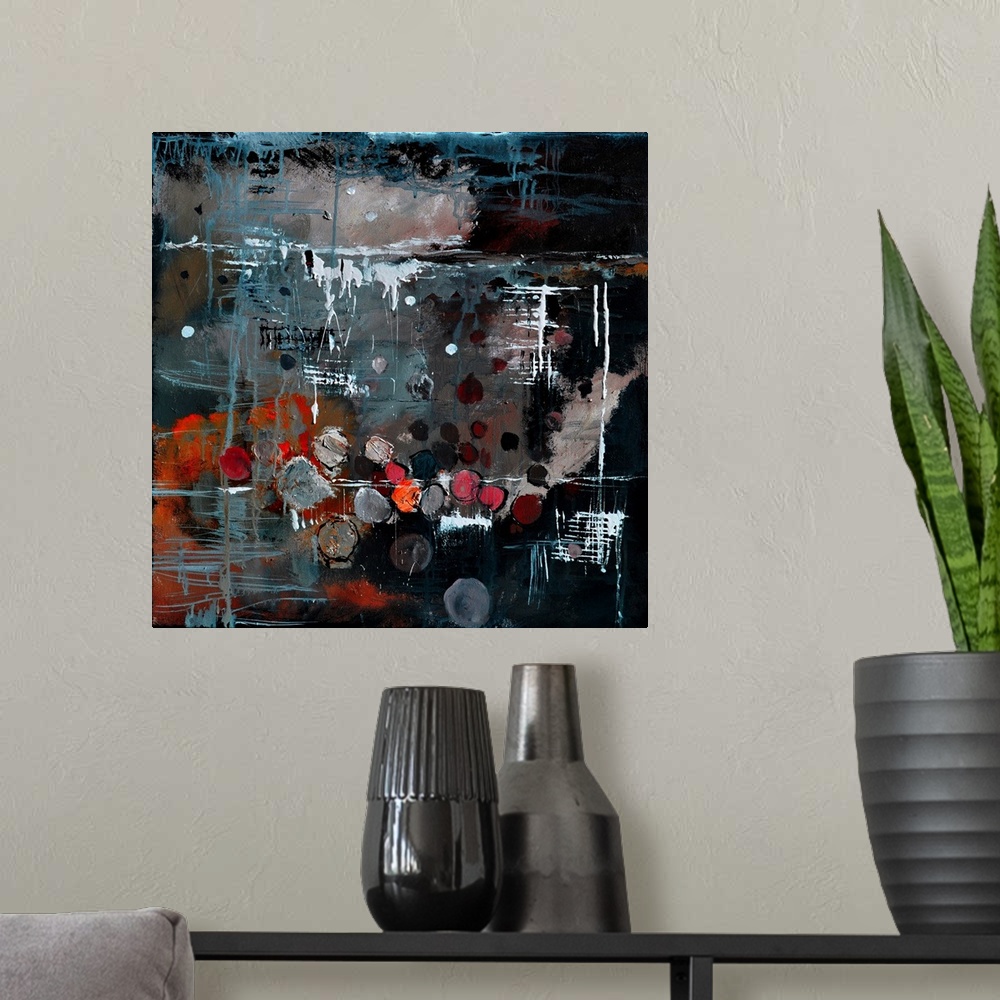 A modern room featuring A square abstract painting in dark shades of black, red and white with splatters of paint overlap...