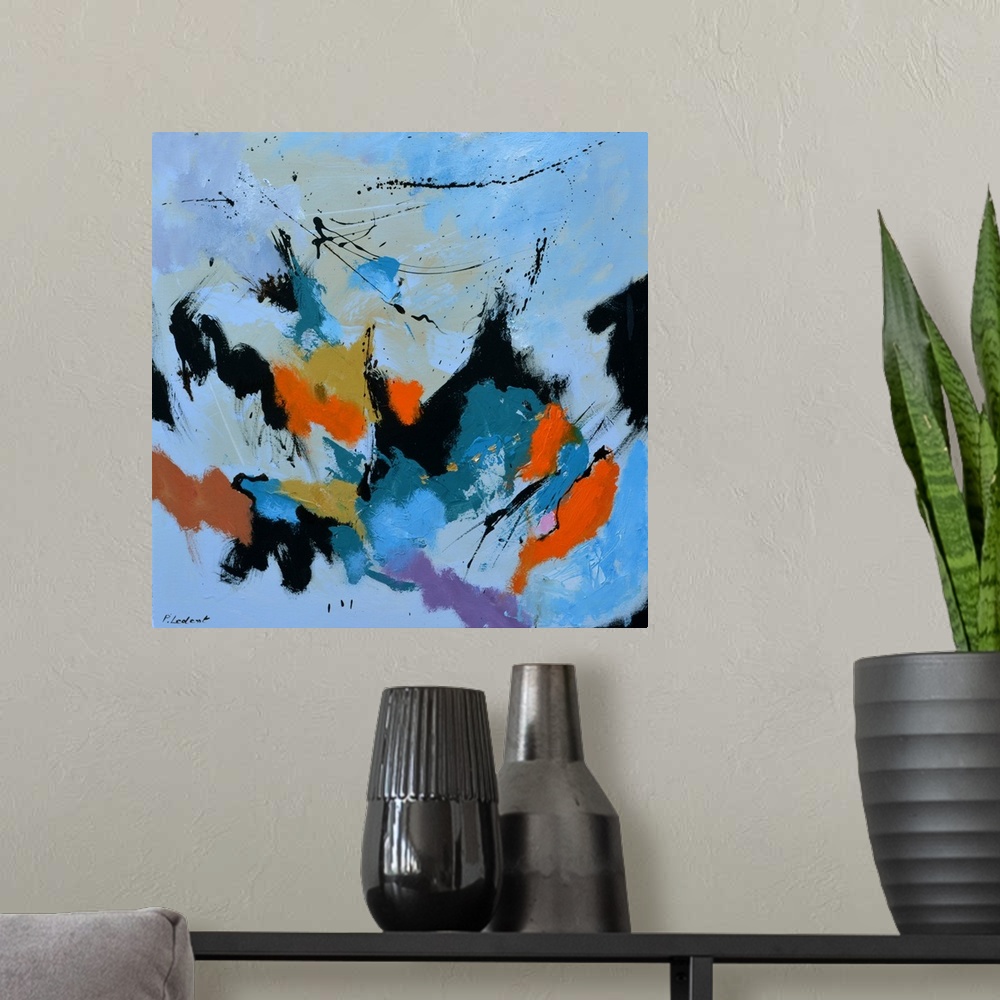 A modern room featuring A square abstract painting in muted shades of black, blue,orange and purple with splatters of pai...