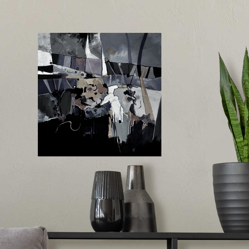 A modern room featuring A square abstract painting in textured shades of black, white and gray with splatters of paint ov...