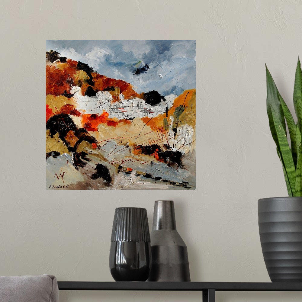 A modern room featuring A vertical abstract painting with muted colors of gray, brown and orange.