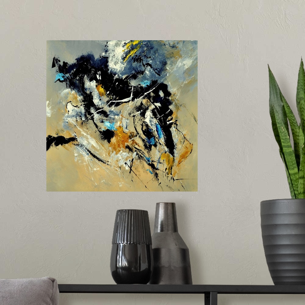 A modern room featuring A square abstract painting in dark shades of black, blue, white and yellow with splatters of pain...