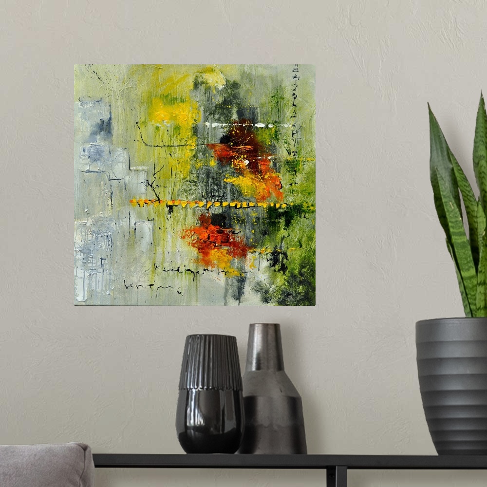 A modern room featuring A square abstract painting in textured shades of gray, orange, green and yellow with splatters of...