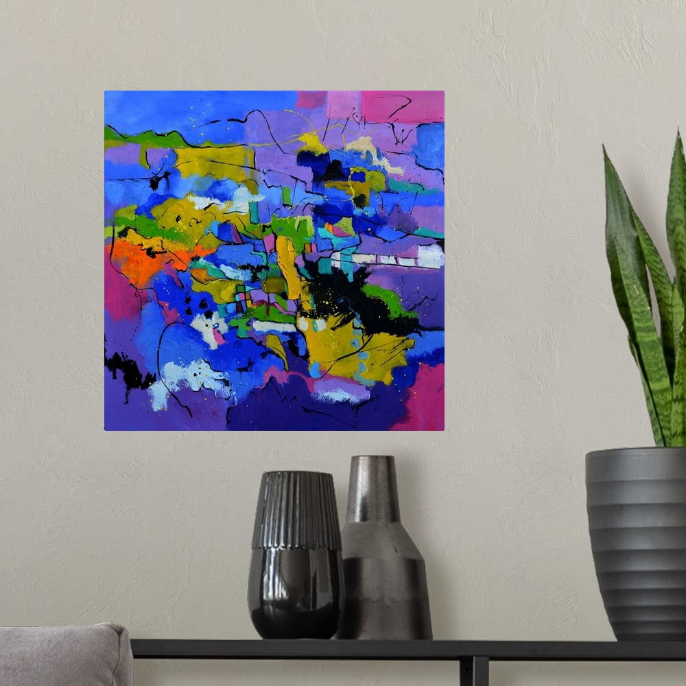 A modern room featuring A square abstract painting in dark shades of purple, blue, white and yellow with splatters of pai...