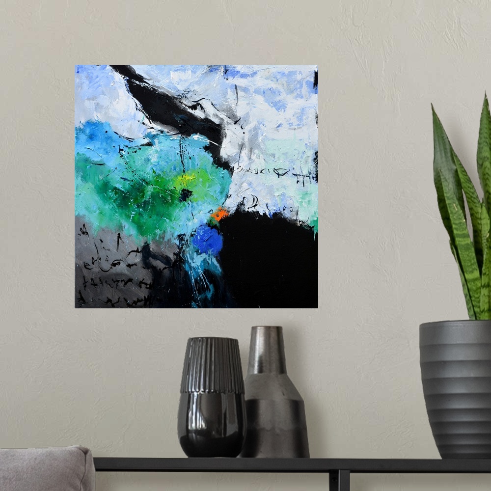 A modern room featuring A square abstract painting in textured shades of black, blue, white and green with splatters of p...