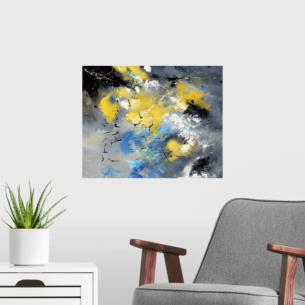 A modern room featuring Abstract painting in shades of yellow, blue, gray and white mixed in with black contrasting designs.