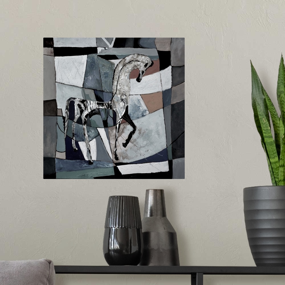 A modern room featuring Painting done in a cubism style of a horse against a checkered background in shades of gray and b...