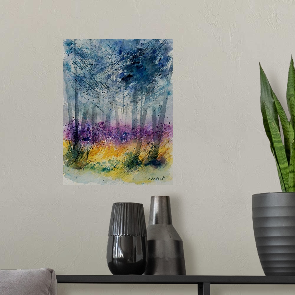 A modern room featuring Watercolor painting of a trees in a forest done in vibrant colors of yellow, pink and blue.
