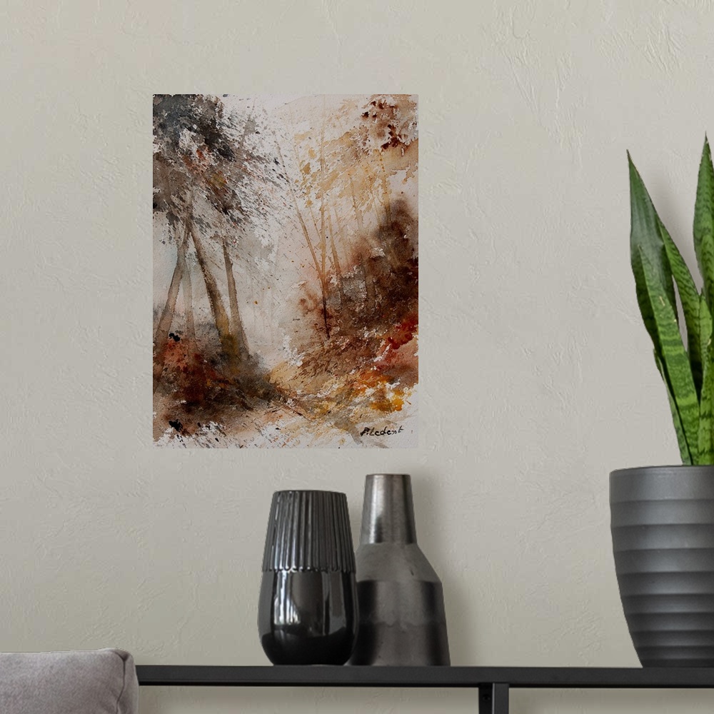A modern room featuring A subdue watercolor painting of a path through a forest.