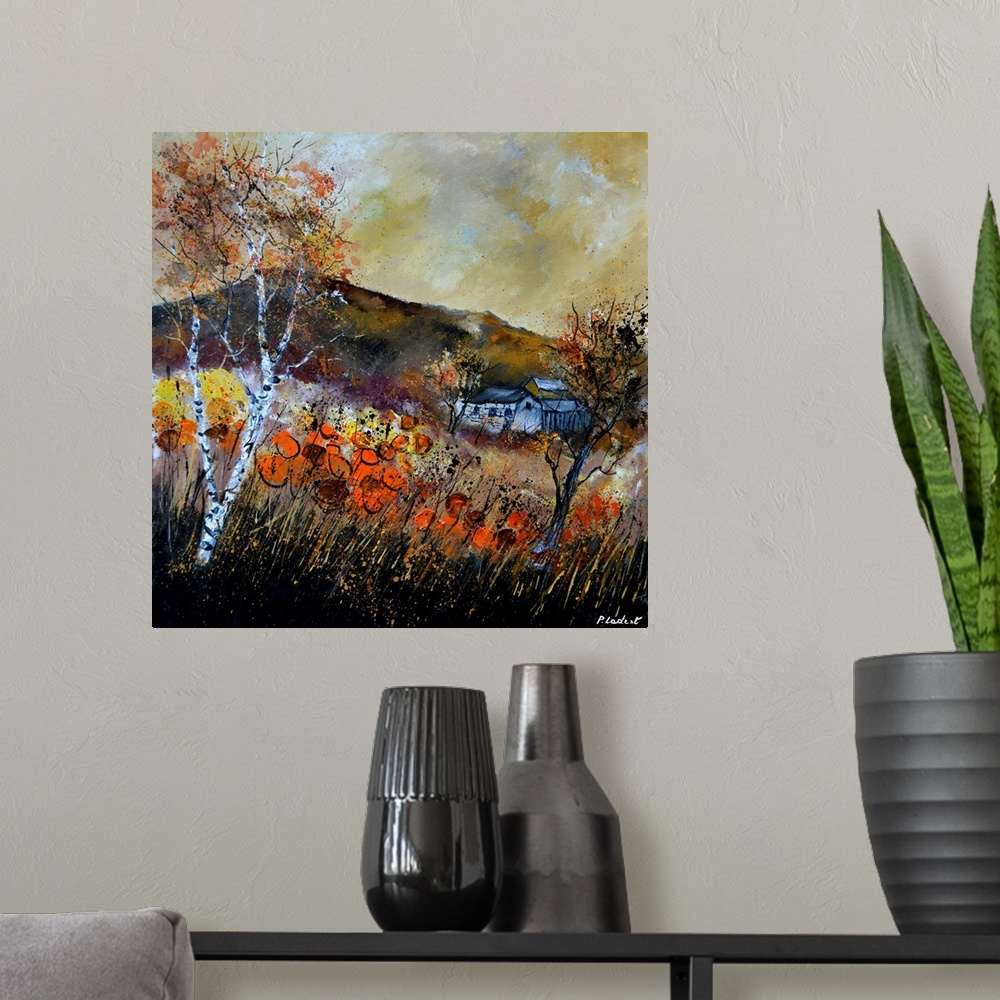 A modern room featuring Square painting of an Autumn landscape with orange and yellow flowers in the foreground and a Bel...