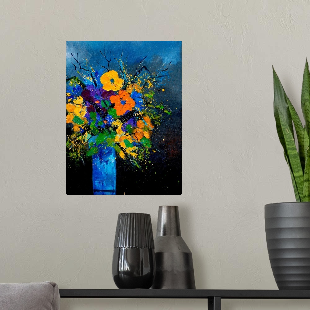 A modern room featuring Vertical painting of a vase of flowers against a blue tone background.
