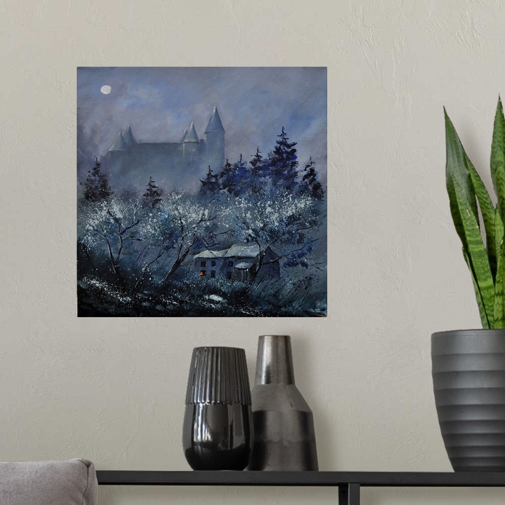 A modern room featuring Vertical painting of a nighttime scene of a mist covered village with a castle in Belgium.