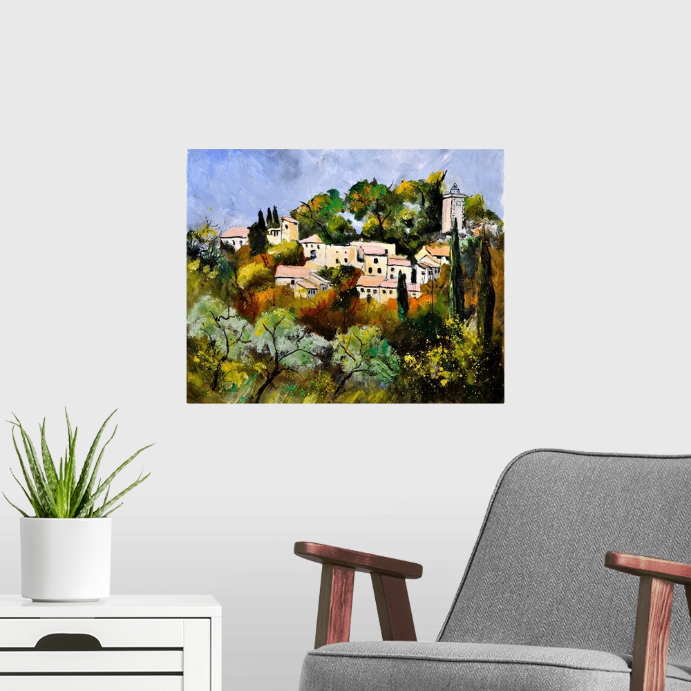 A modern room featuring Painting of a tree filled landscape in the foreground and a French village in the background with...