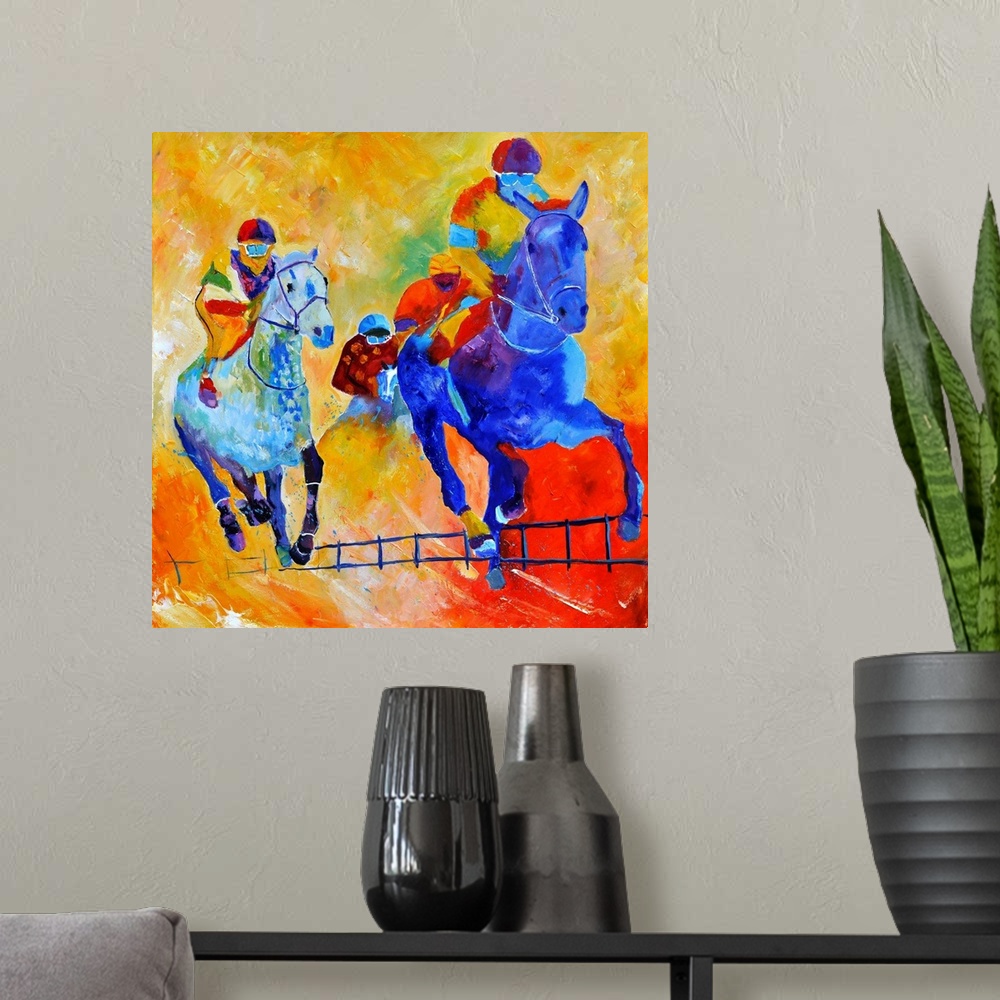 A modern room featuring Square complementary painting of horse racing in bright textured tones of blue, yellow and red.