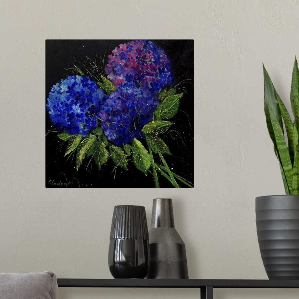A modern room featuring Contemporary painting of a colorful bouquet of flowers on a black background.