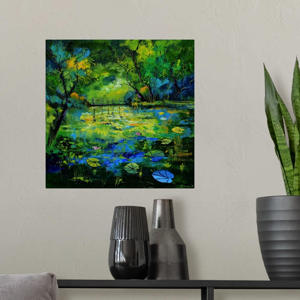 A modern room featuring Impressionist painting of a blue, green, and yellow toned pond covered with lily pads and waterli...