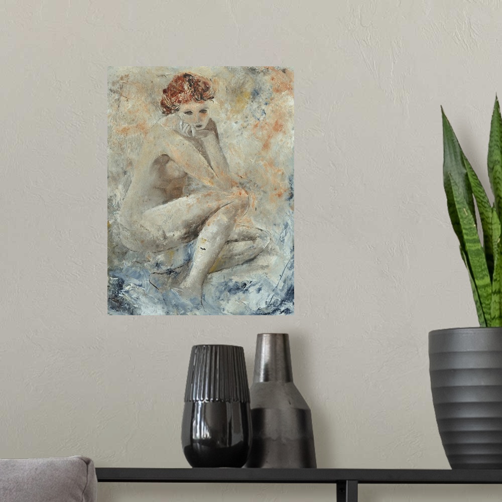 A modern room featuring A portrait of a nude woman resting her chin on her hand as she sits, done in textured neutral tones.