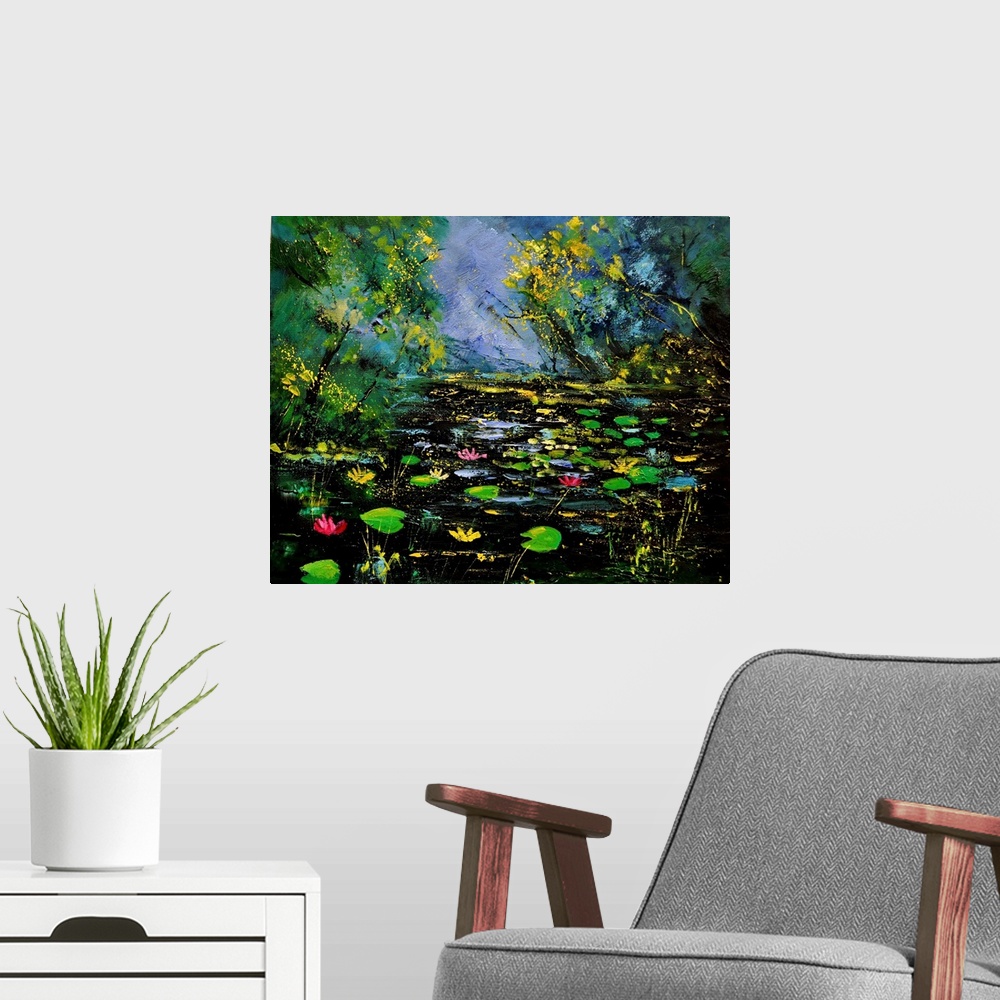 A modern room featuring Landscape painting of green lily pads in a dark colored pond framed by vibrant green trees.