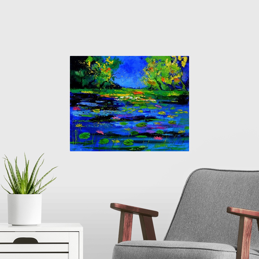 A modern room featuring Painting of a pond full of water lilies with flower blooms and small speckles of paint overlapping.