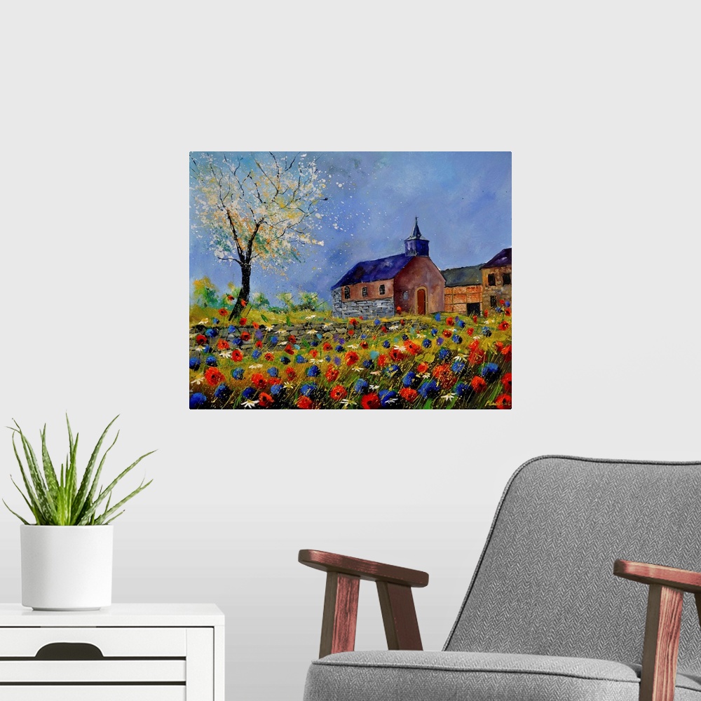 A modern room featuring Vibrant colored springtime scene of a church surround by blooming flowers and trees with a blue sky.