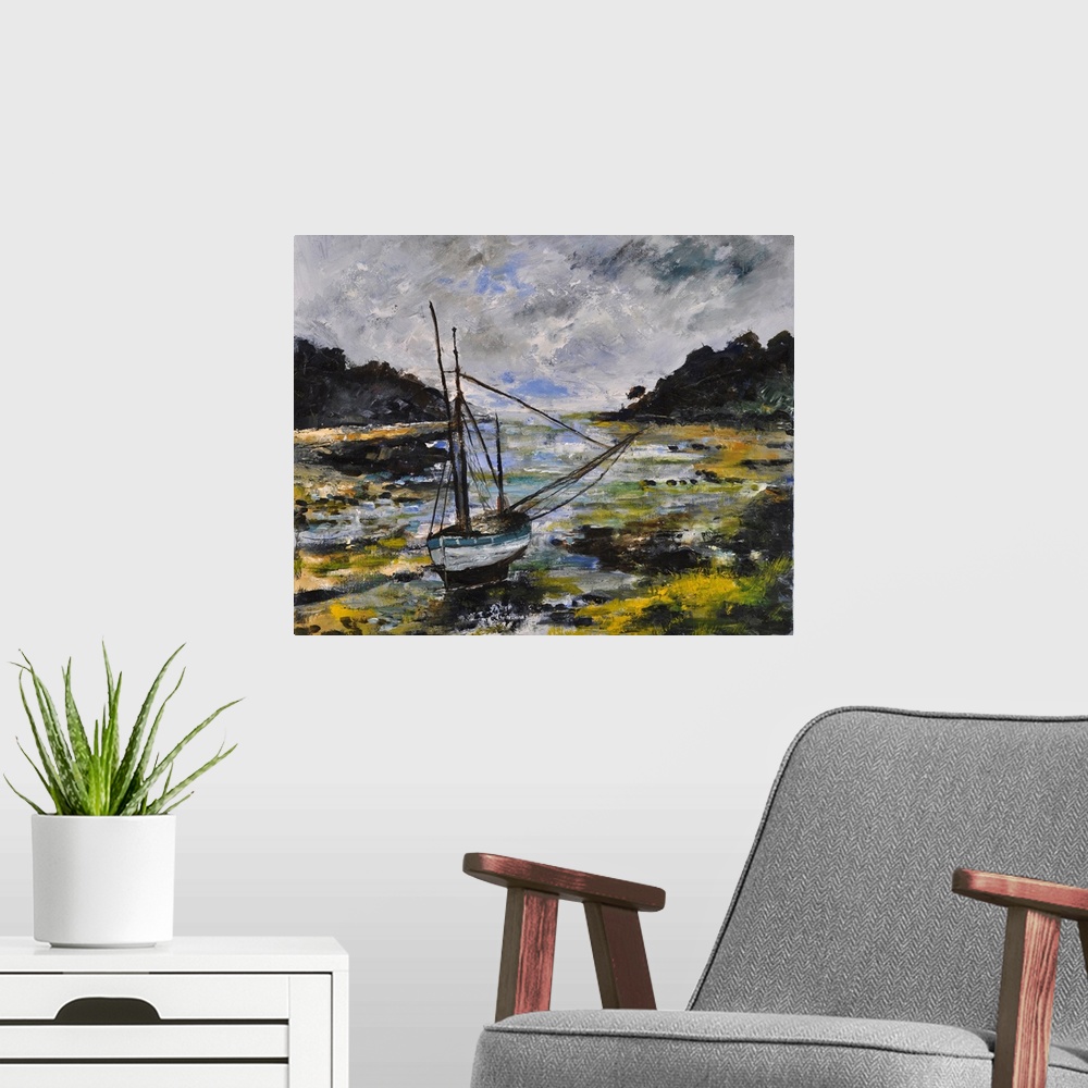 A modern room featuring Horizontal painting of a sailboat floating along while surround by marsh land in dark earth tones.