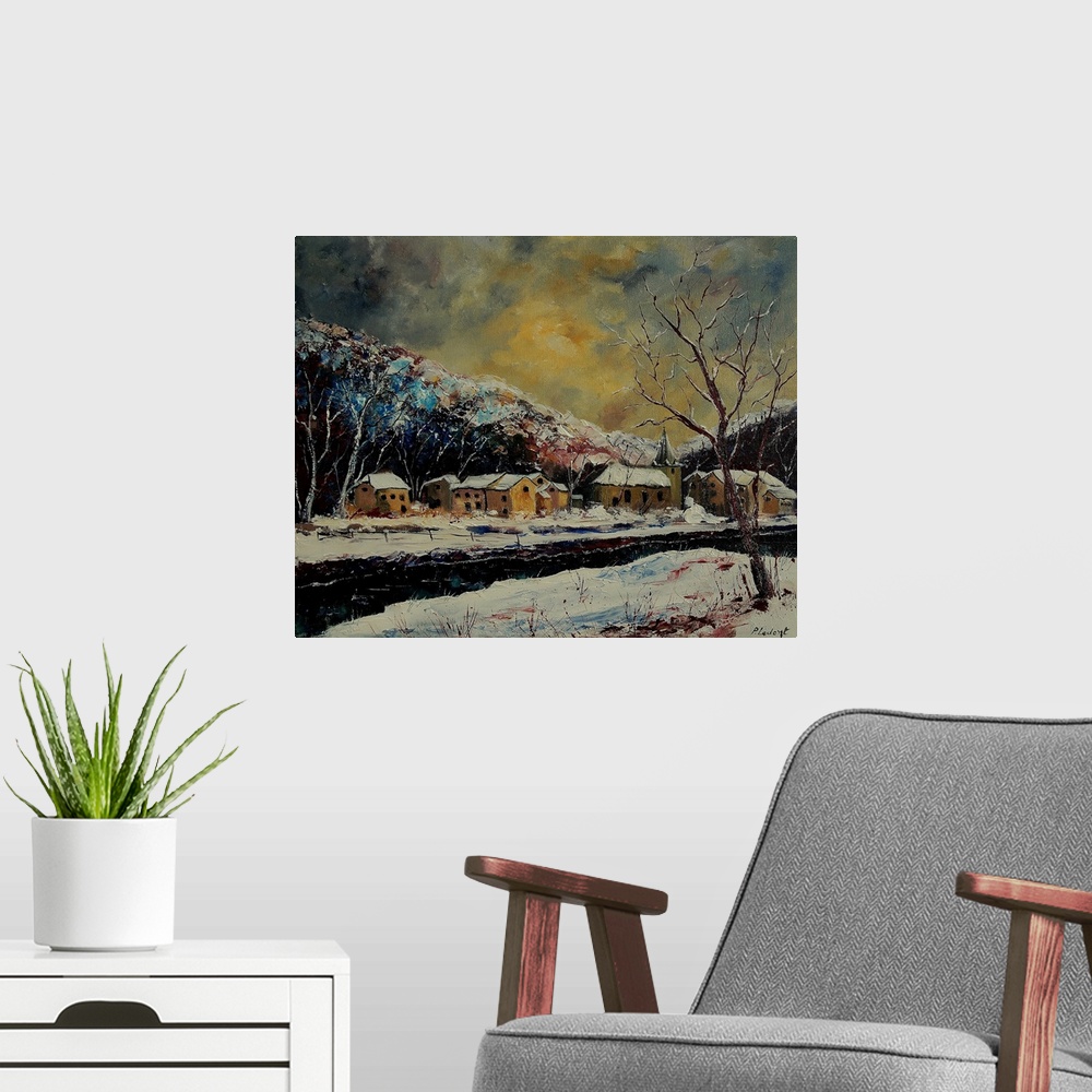 A modern room featuring Contemporary painting of a village in Belgium covered in snow with a yellow sky.
