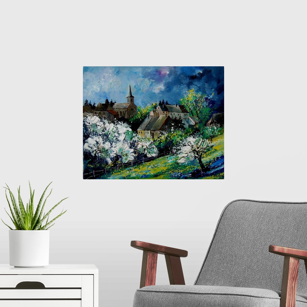 A modern room featuring A contemporary painting of a spring day in Fays Famenne, a village in the Belgian.