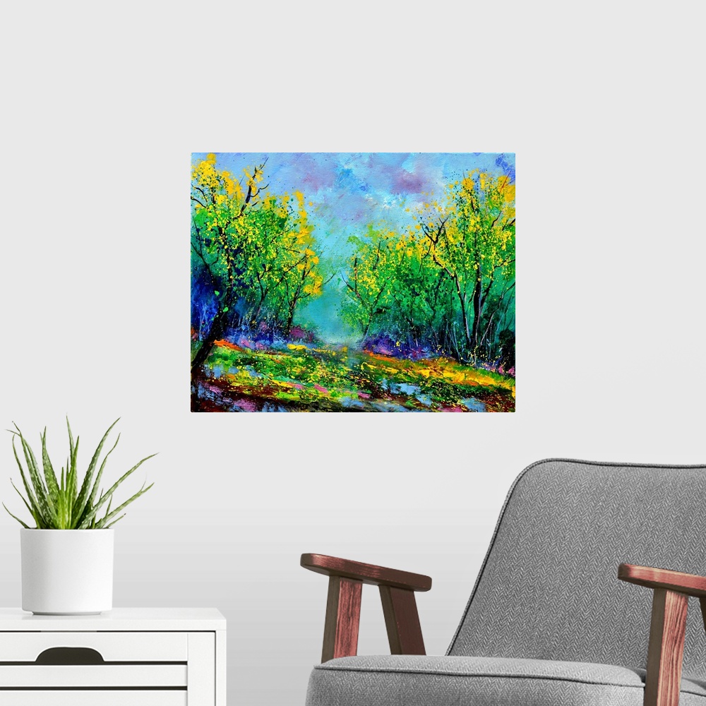 A modern room featuring Painting of a summer landscape with colorful flowers in the foreground and a bright sky in the ba...