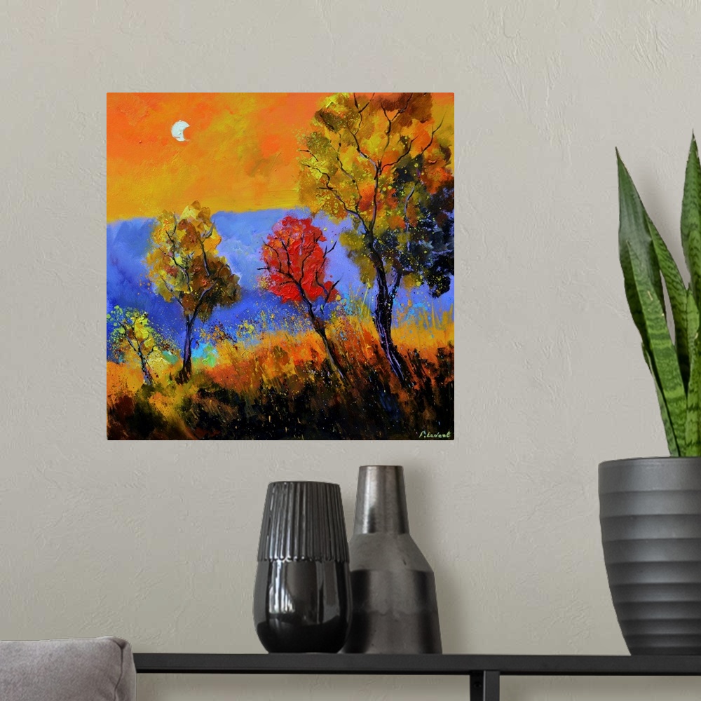 A modern room featuring Square painting with Autumn trees with a purple and orange background and a bright moon in the sky.