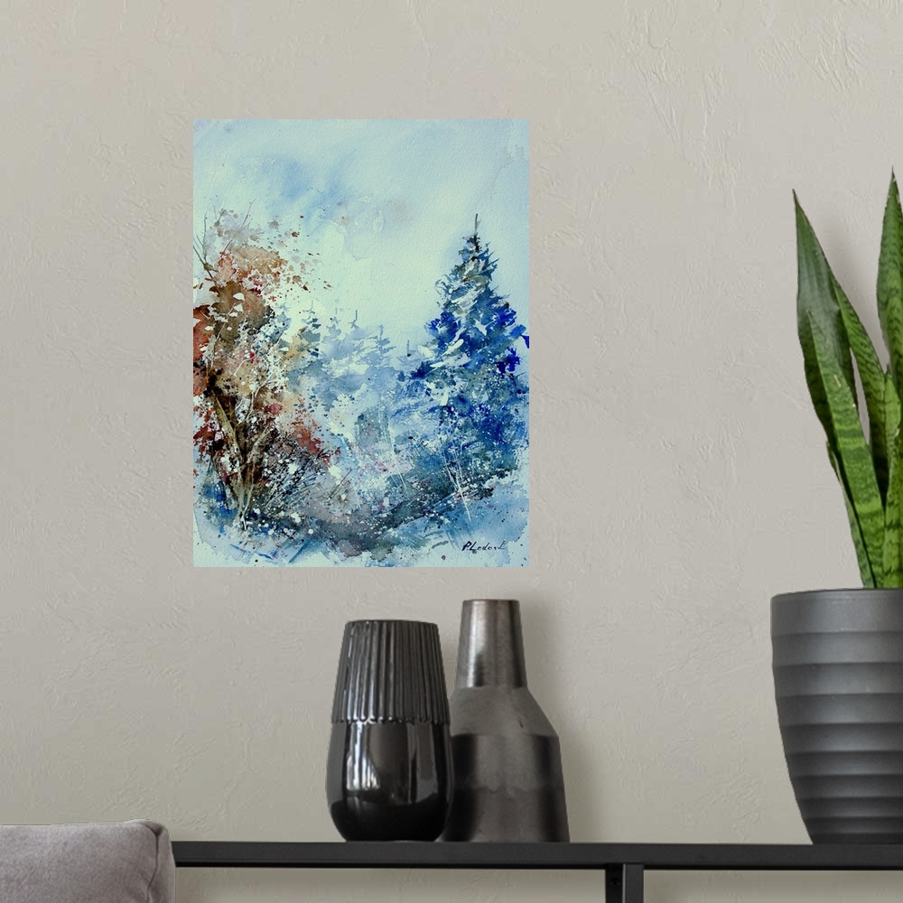 A modern room featuring Avertical watercolor landscape of a forest with muted speckled colors of brown and blue.