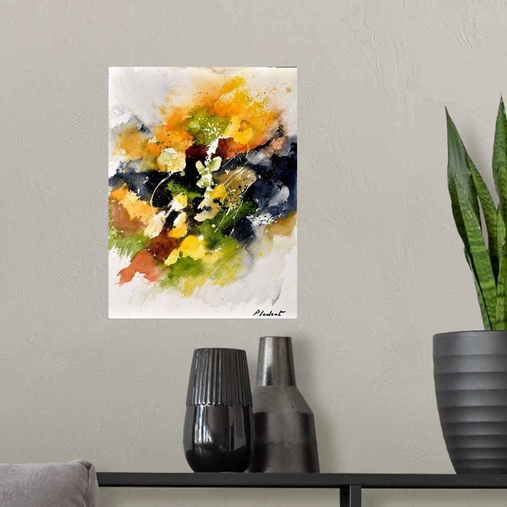 A modern room featuring Abstract watercolor painting with vibrant hues in shades of orange, yellow, green and white mixed...