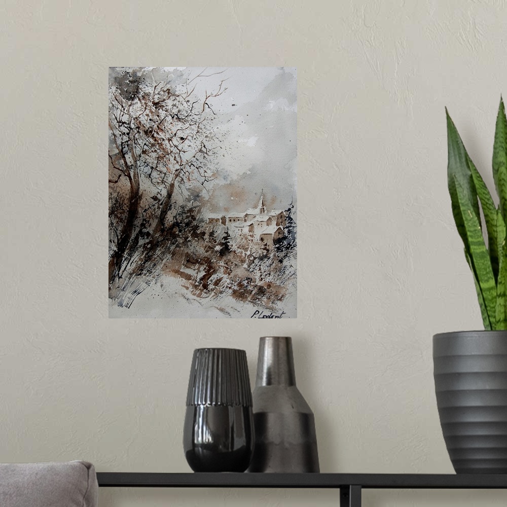 A modern room featuring A muted watercolor painting of a village covered in snow.