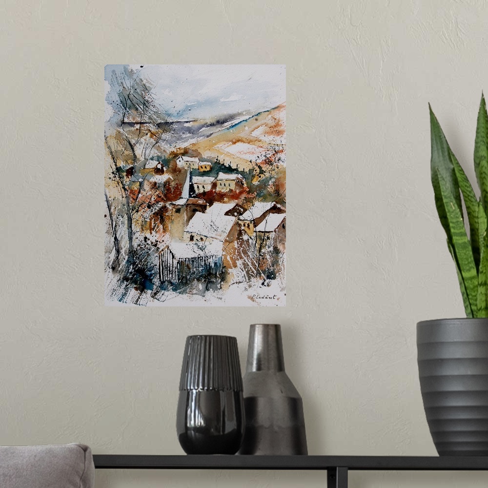 A modern room featuring A vertical watercolor painting of a village in Belguim, done in natural colors of gray, brown and...