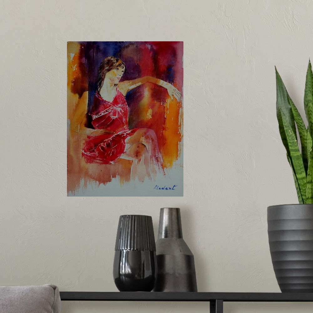 A modern room featuring A watercolor portrait of a woman in red sitting in a chair with her arm resting on a ledge.