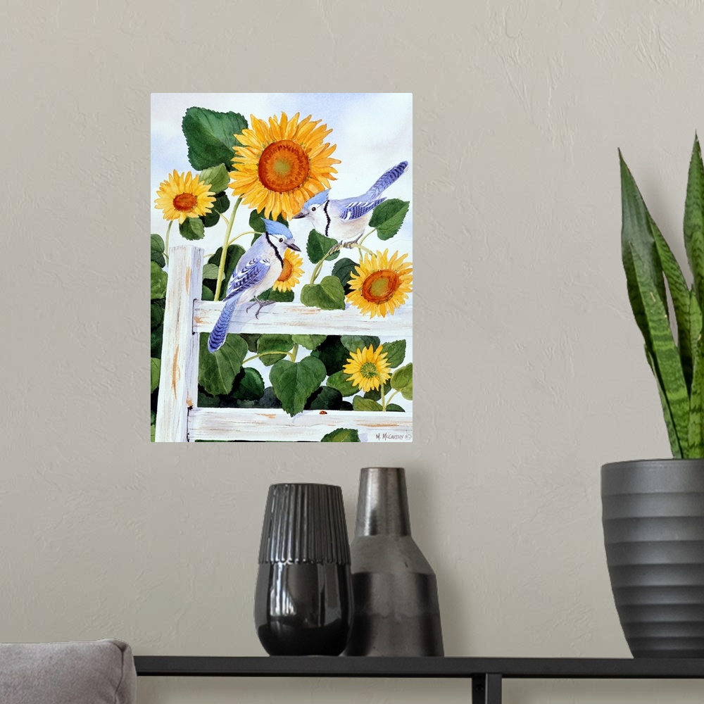 A modern room featuring Bluejays and Sunflowers