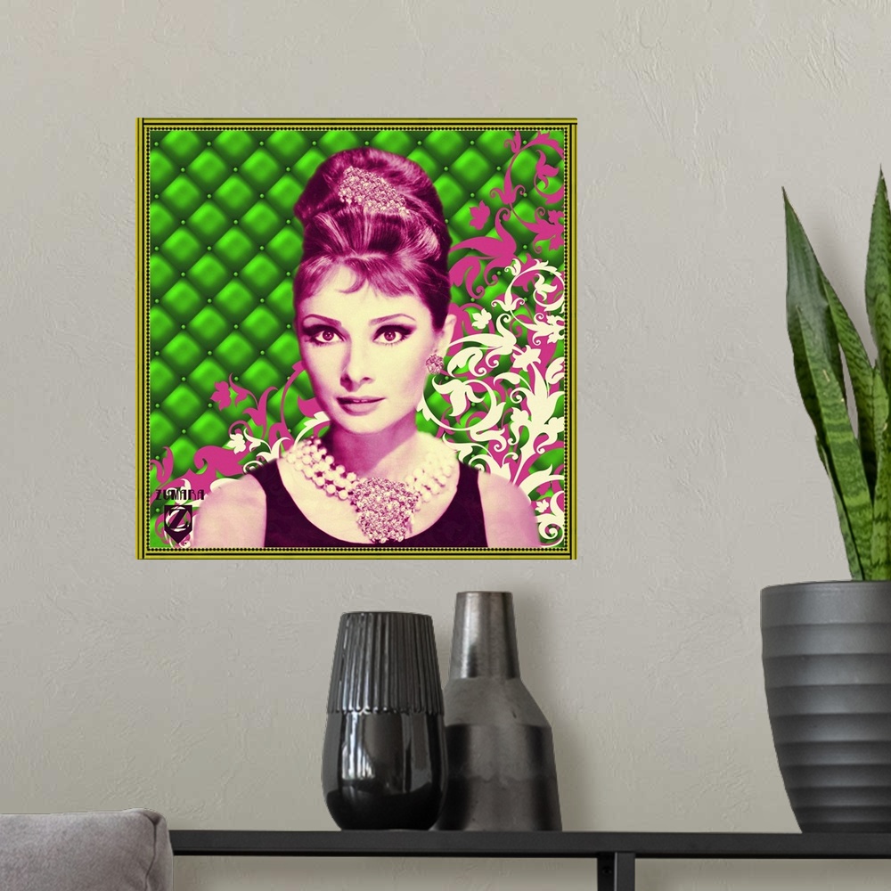 A modern room featuring Square print of a famous movie icon in front of a brightly patterned background.