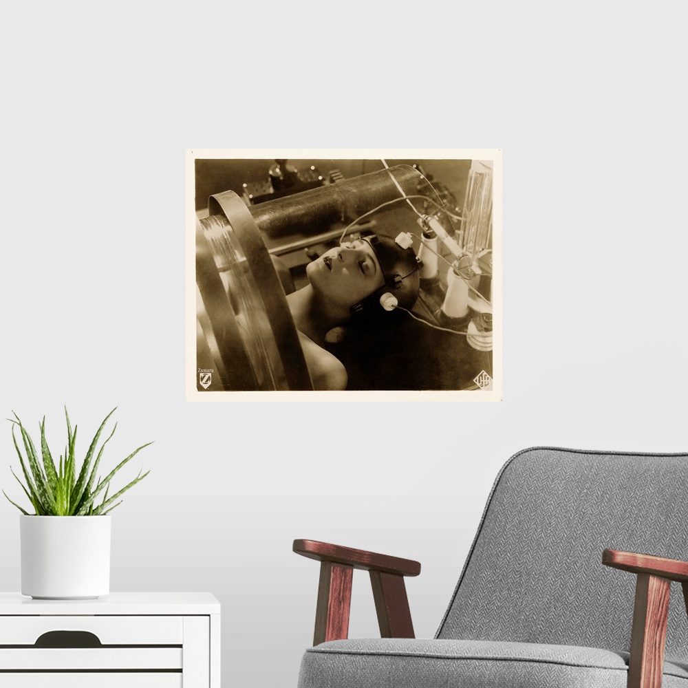 A modern room featuring Black and White Metropolis Girl poster