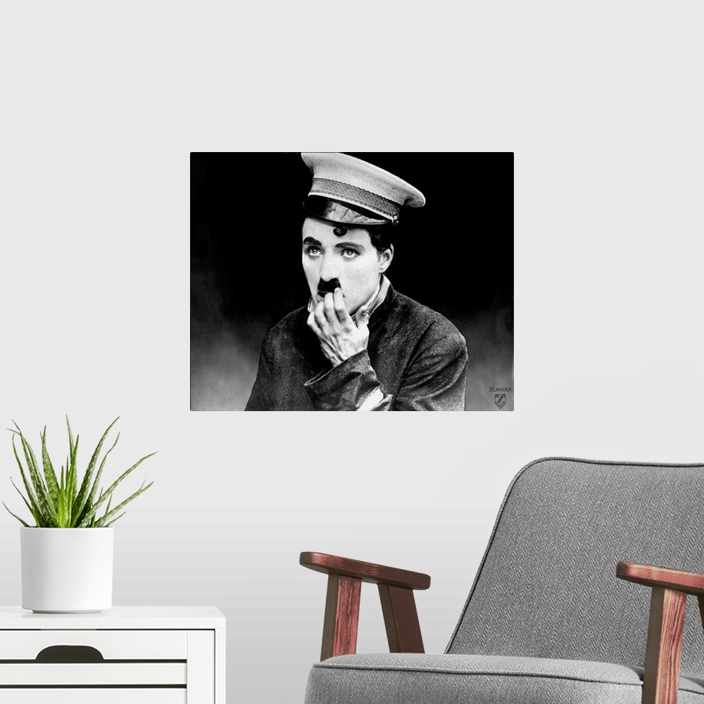 A modern room featuring Charlie Chaplin B and W The Bank